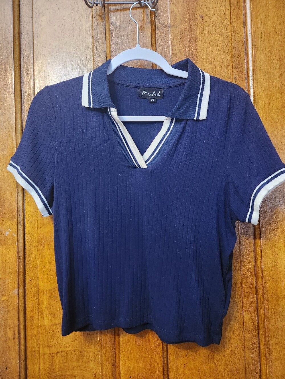 Navy Ribbed Collared Short-Sleeve Top